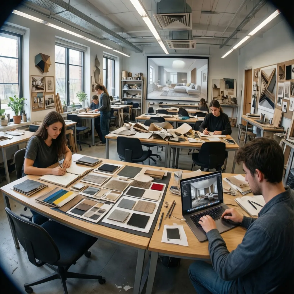 Interior design students working in studio with laptops fabric samples and interior design drawing projected