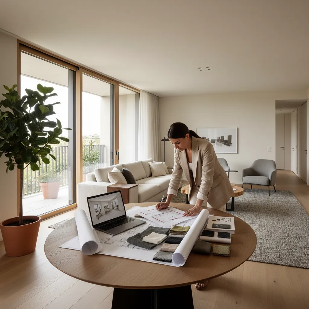 Interior designer working on room layout with fabric samples and laptop in modern living room
