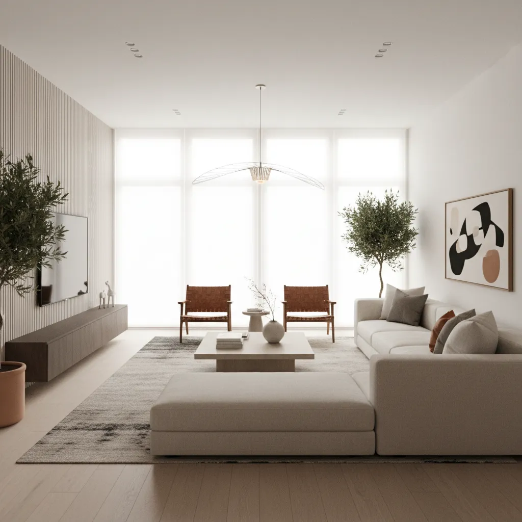 Bright modern living room with beige sofa wooden chairs coffee table rug and indoor trees