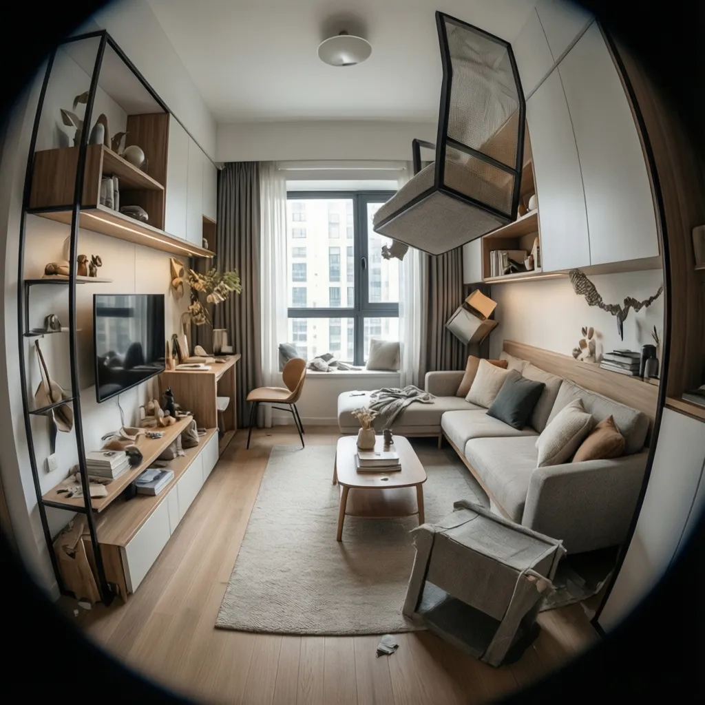 Small modern living room with grey sofa wooden floor white cabinets and light from window
