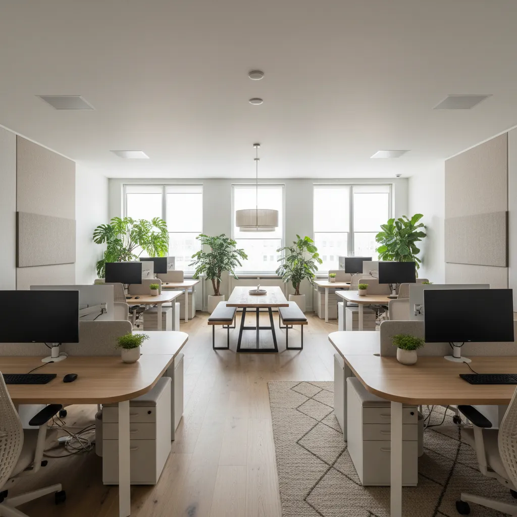 Bright office room with wooden desks, green plants, a wooden table, benches, and large windows