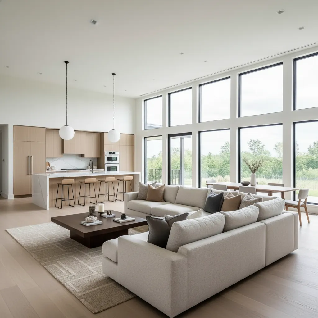 Modern open living room with white sofa, wood coffee table, large windows, and kitchen island