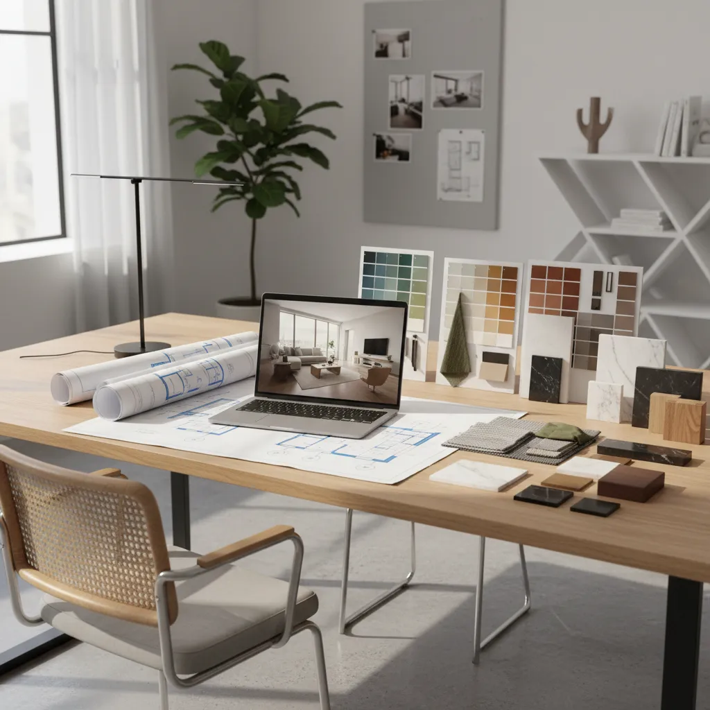Estudio de diseño de interiores con planos, ordenador y muestras de materiales