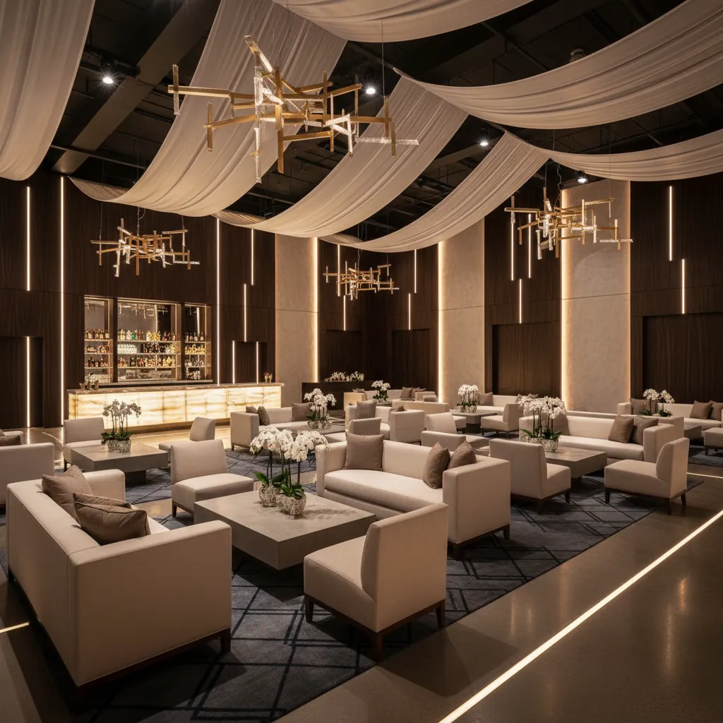 Luxury lounge area with white sofas hanging ceiling fabric golden ceiling lights and dark wood walls