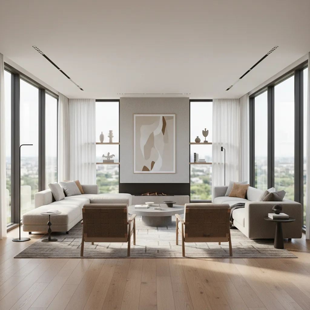 Bright living room with cream sofas brown chairs round table and floor to ceiling windows