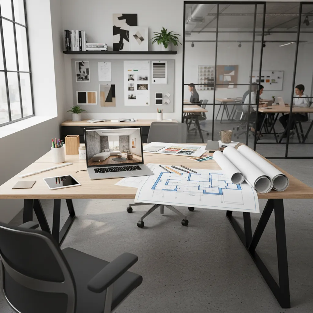 Modern office desk with laptop showing interior design drawing floor plan and rolled paper rolls