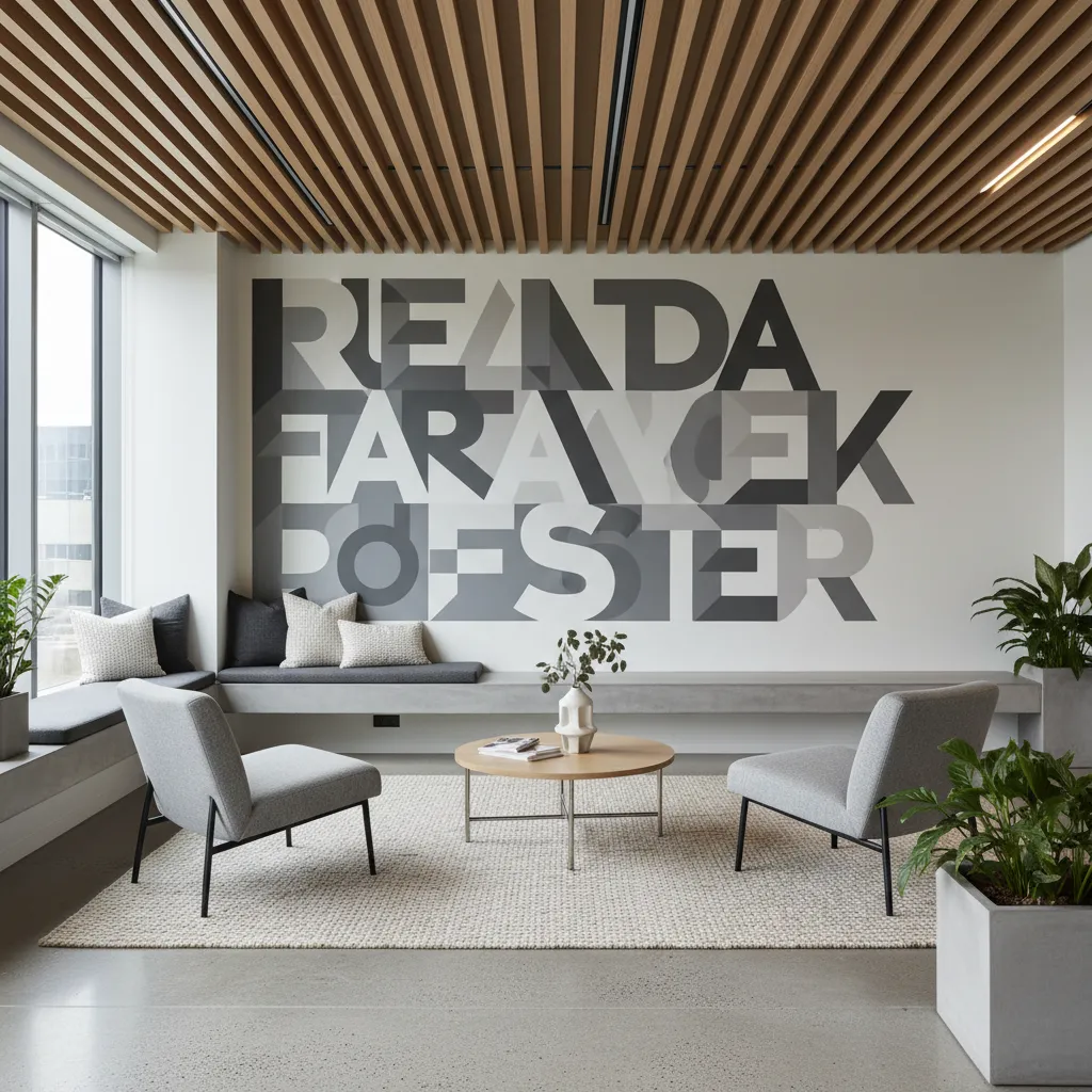 Modern lounge interior design drawing with grey chairs round table wood slat ceiling and mural