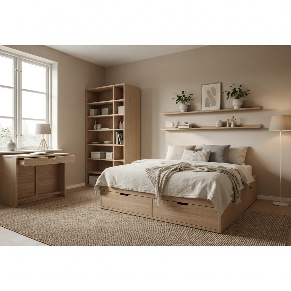 Modern bedroom featuring wooden bed with storage drawers tall bookshelf small desk and wall shelves