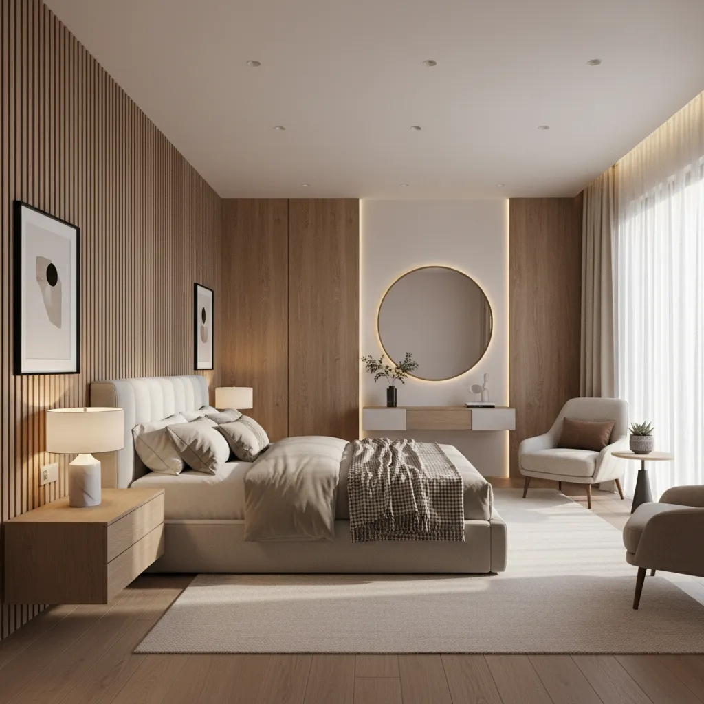 Modern bedroom with wood wall panel, circular backlit mirror, beige bed, light fixtures, and armchair