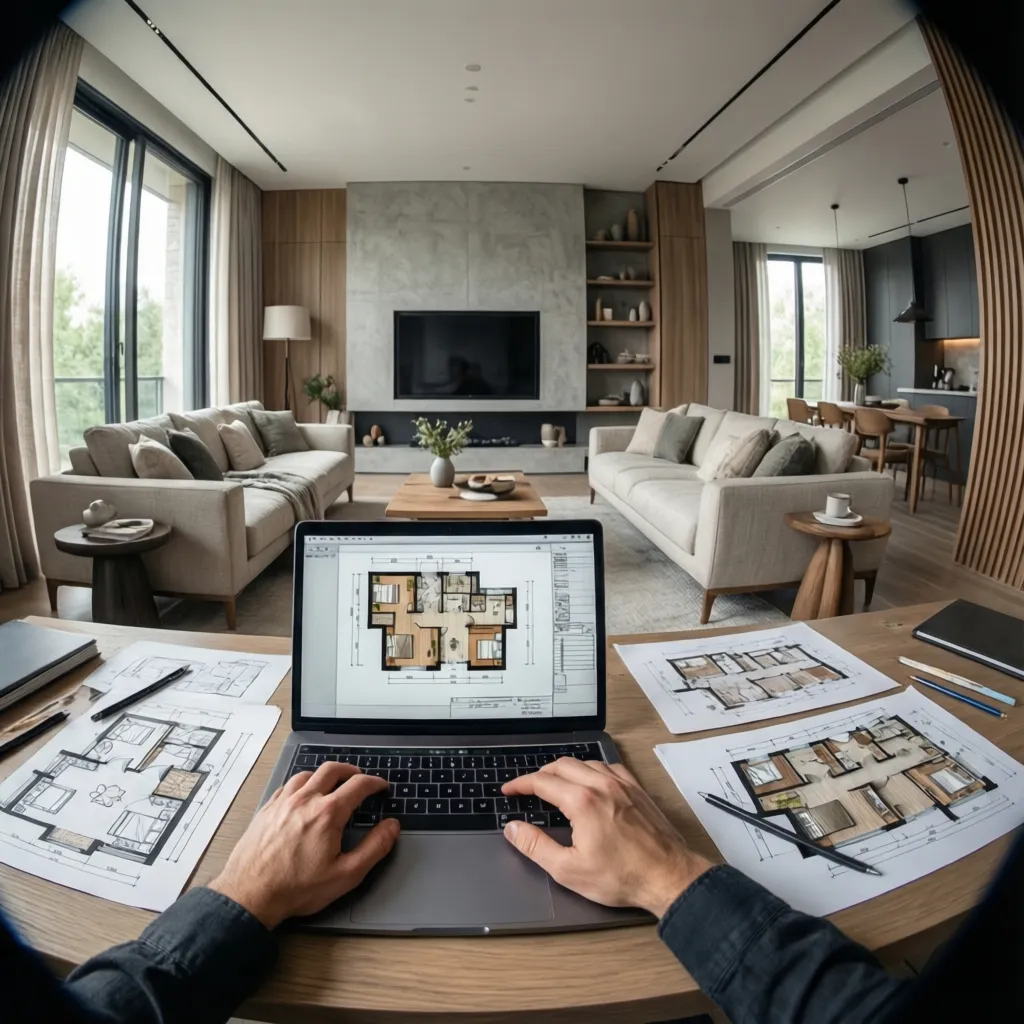 Designer using laptop for floor plans with paper sketches inside a bright modern living room