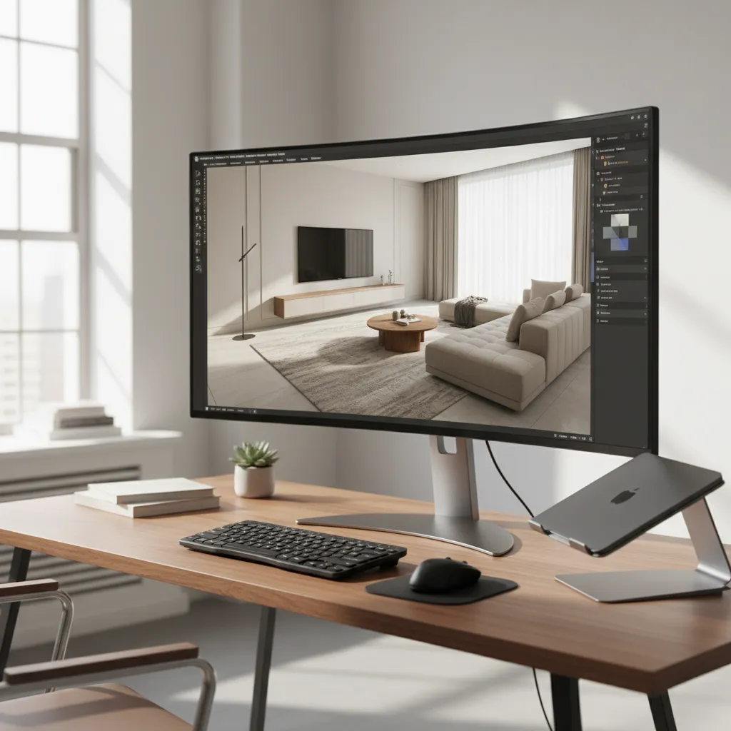 Pantalla de ordenador mostrando software de diseño de interiores en 3D