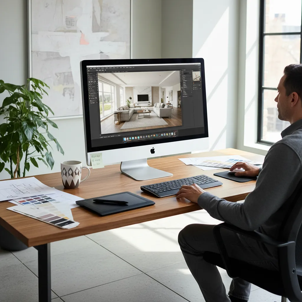 diseñador usando software de diseño de interiores en ordenador