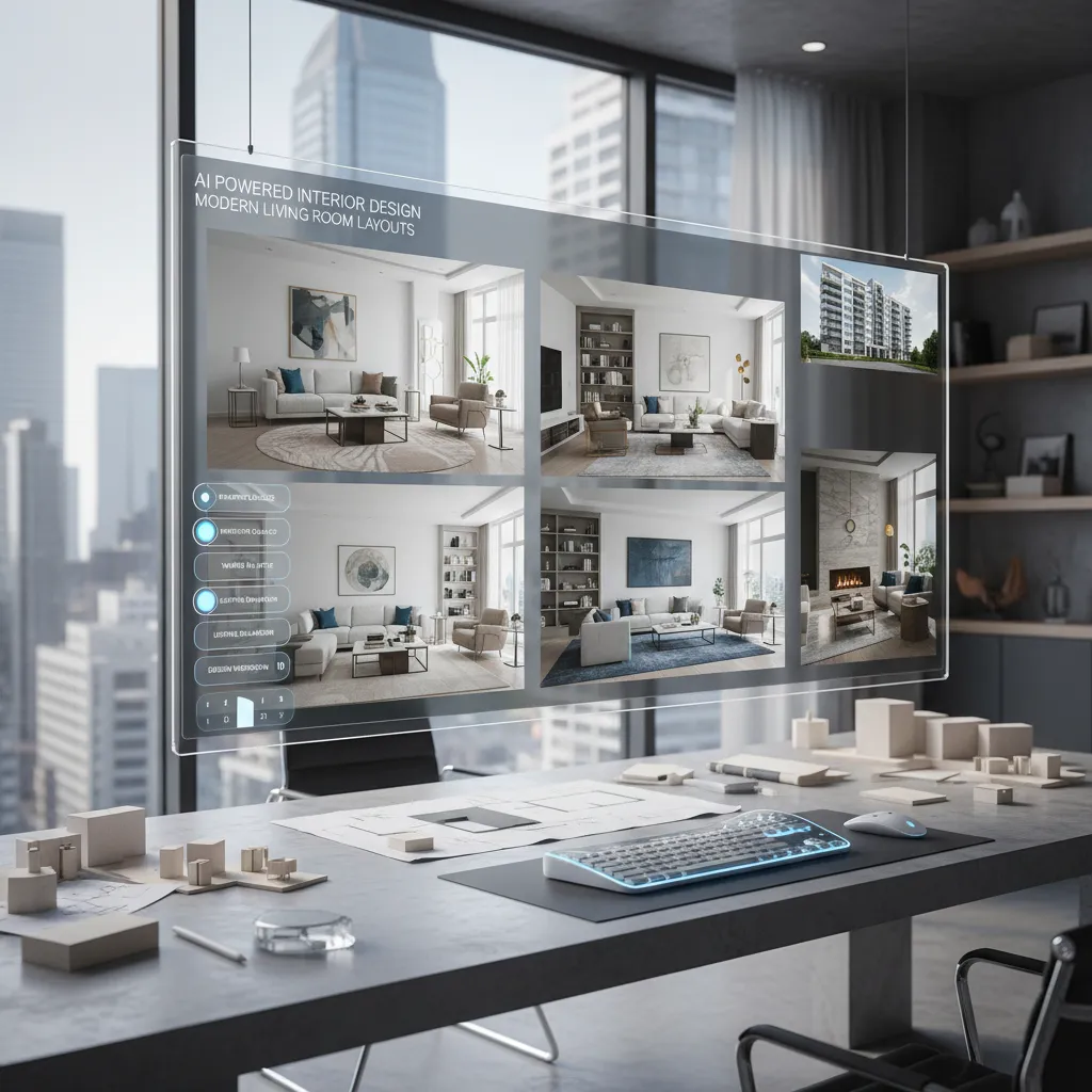 AI interior design software displaying multiple living room layout options on a transparent glass display