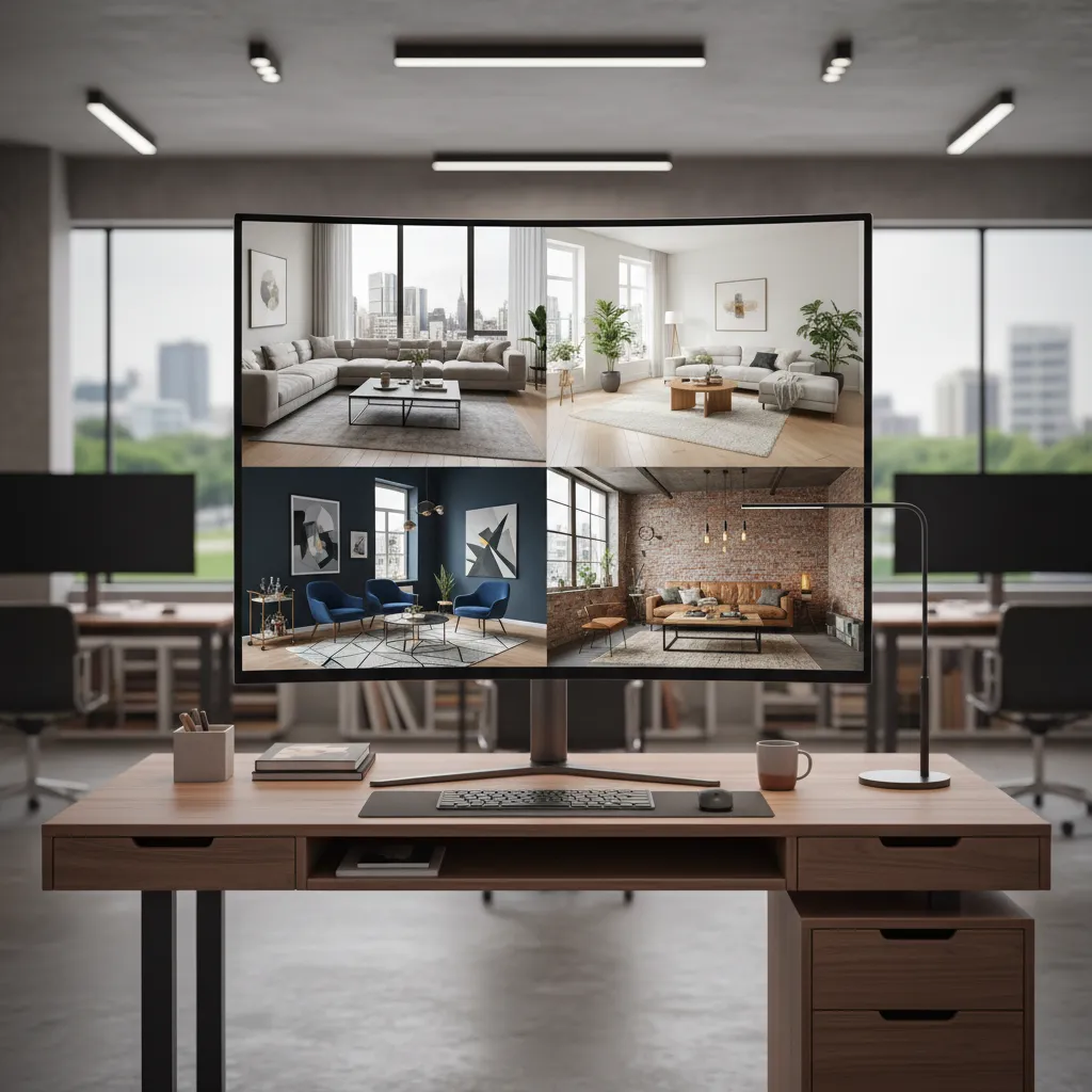 Concepto de diseño de interiores generado con inteligencia artificial en pantalla