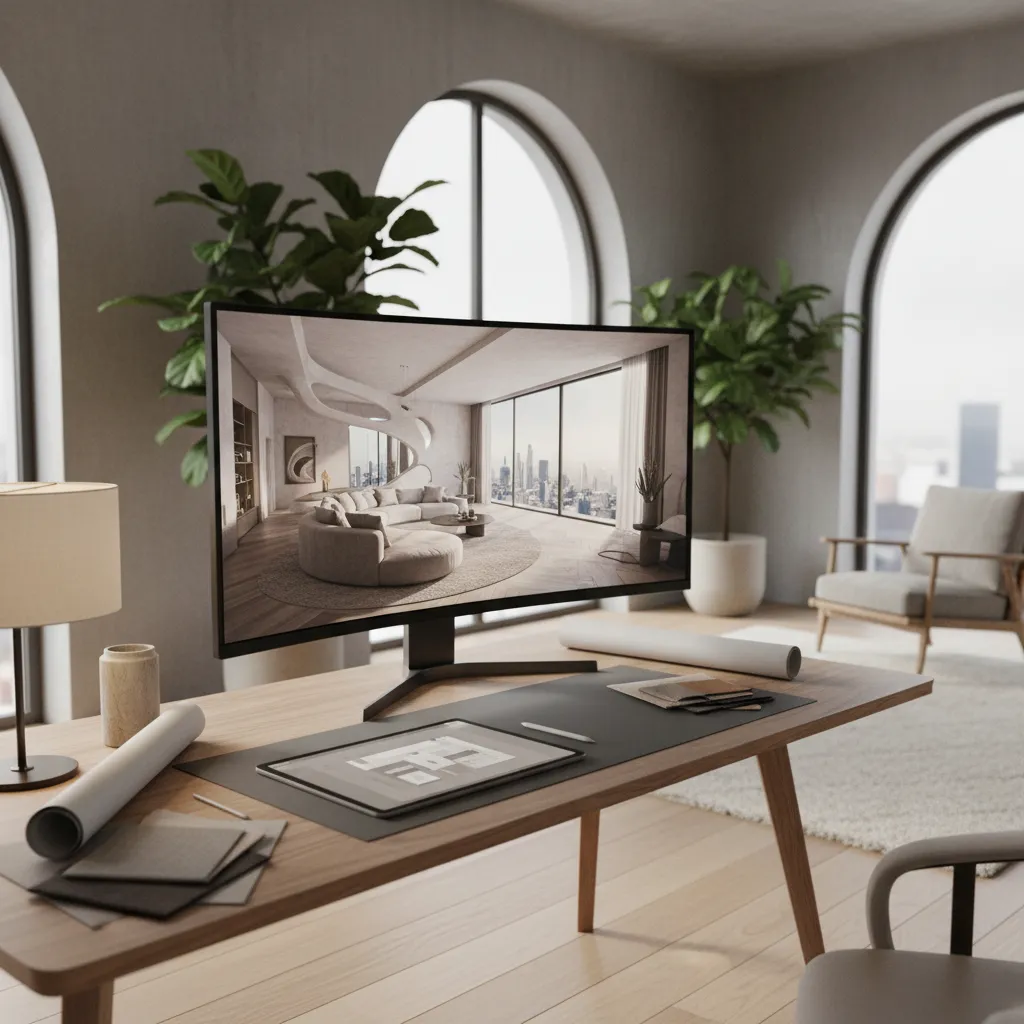 Computer monitor on desk showing interior design drawing of living room with a curved sofa