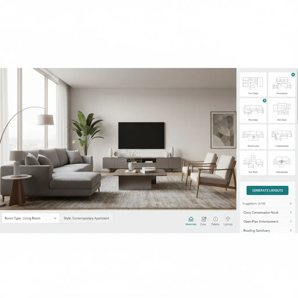 Interfaz de diseño de interiores con sugerencias automáticas de mobiliario