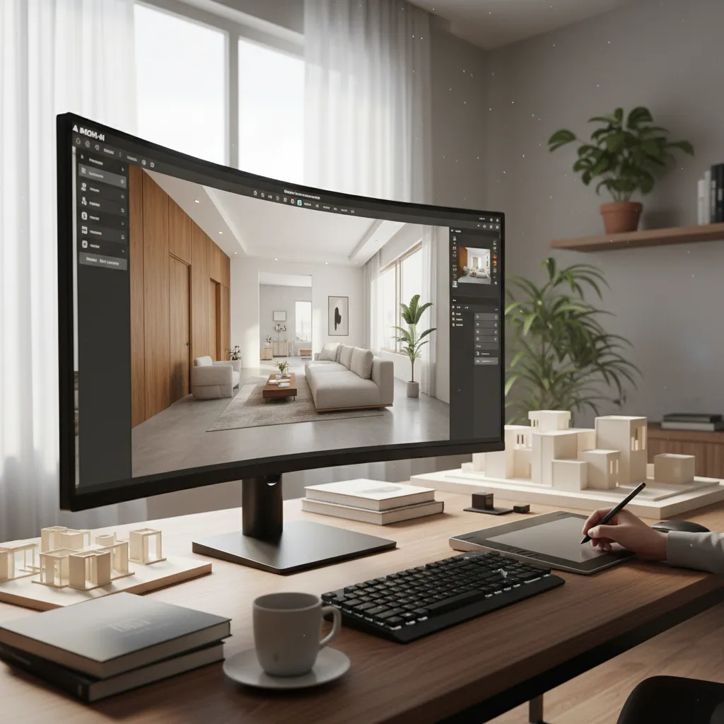 Person using a drawing tablet to create a modern interior design drawing on a computer