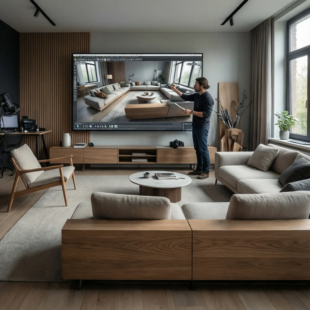 Man pointing at a Coohom interior design drawing on a large screen in a room