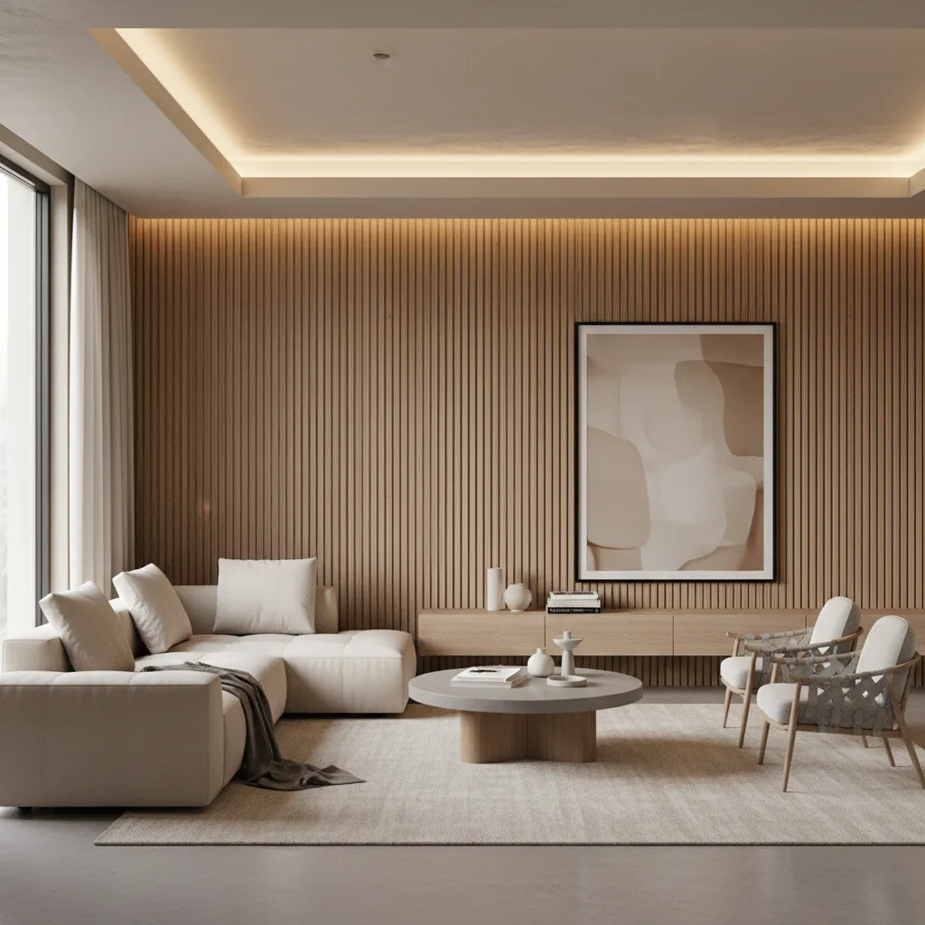 Modern living room with beige sofa wooden wall panel round coffee table and two chairs
