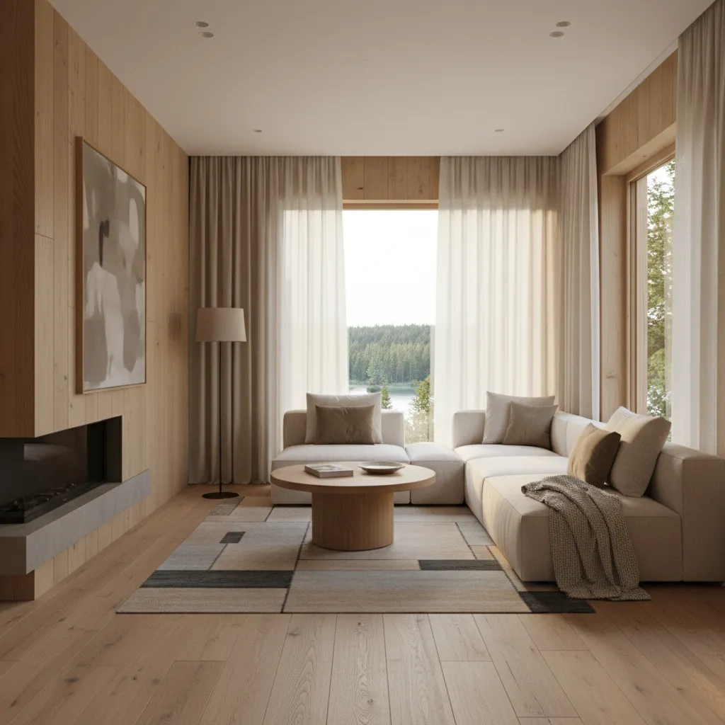 Modern living room with wood wall panels, beige sofa, round coffee table, and forest view