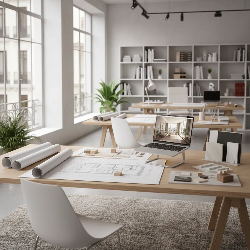 Laptop showing interior design drawing on a wooden table with floor plans and material samples