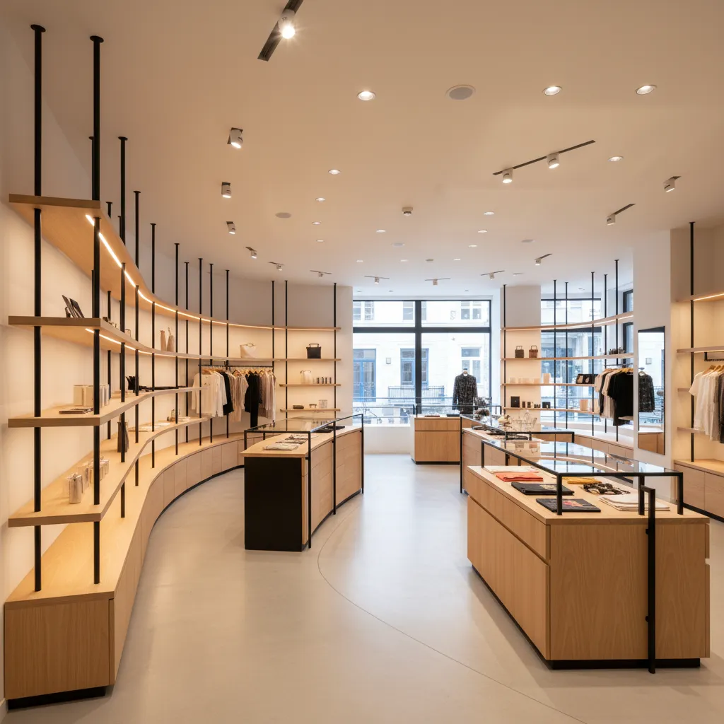 Modern retail store interior with curved wooden shelves glass display tables and white ceiling lights