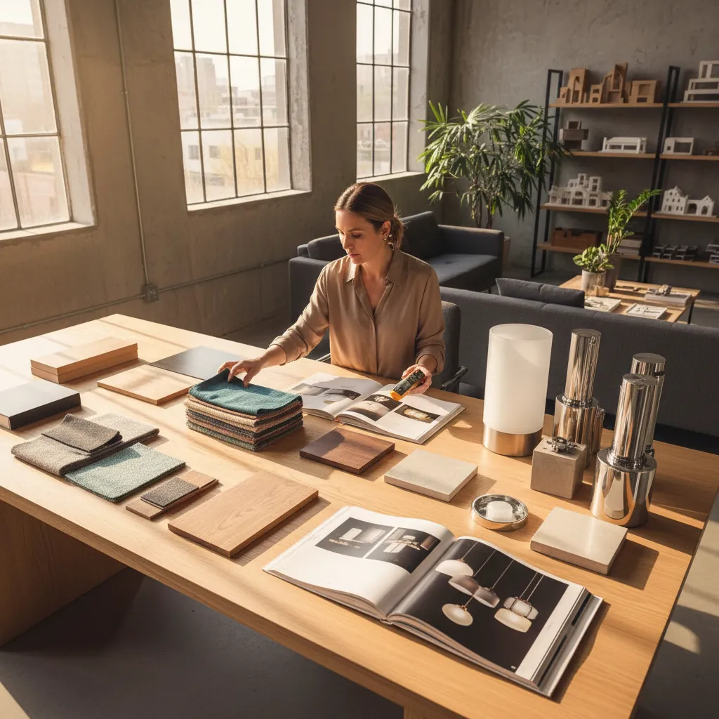 Diseñador seleccionando materiales y iluminación para un proyecto interior