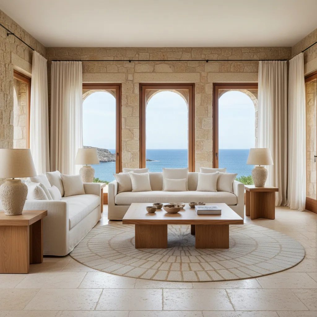 Mediterranean living room with beige sofas wooden coffee table round rug and three large windows