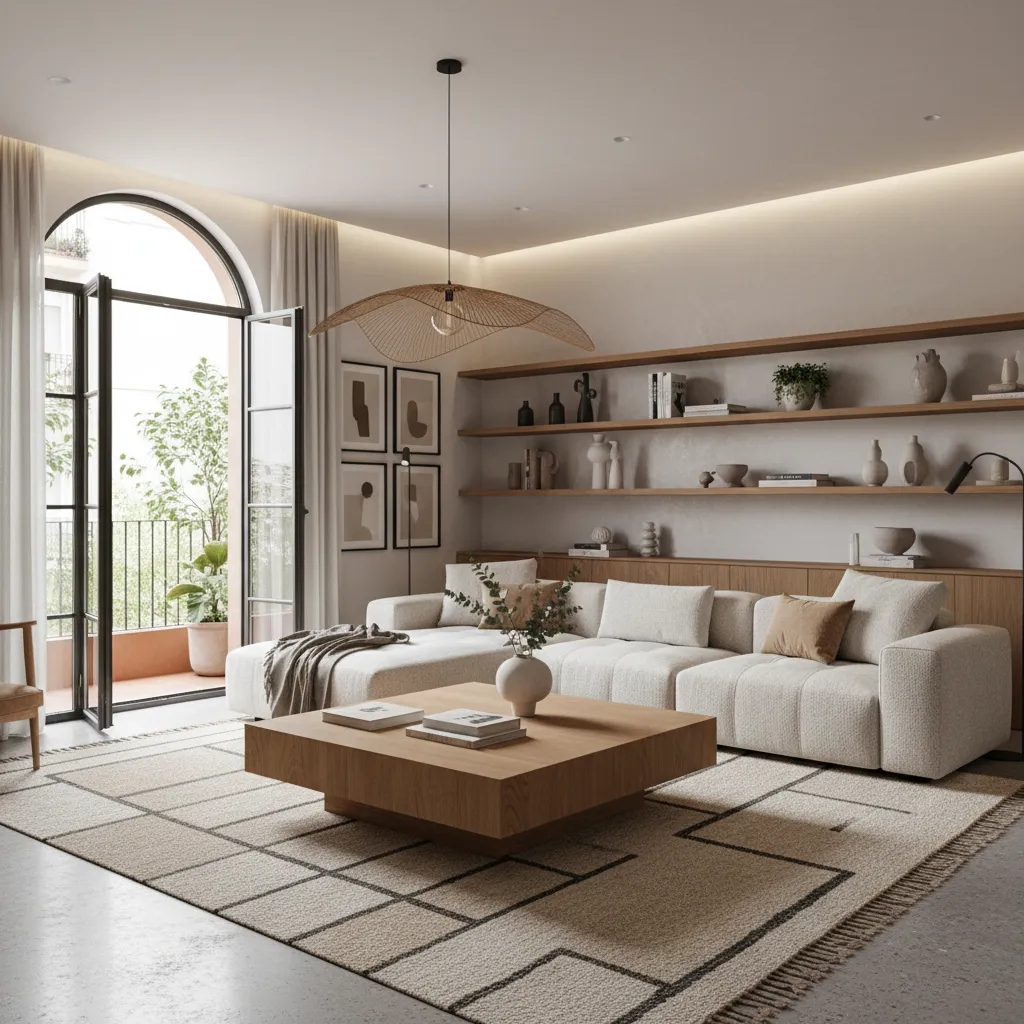 Bright living room with white sofa wooden coffee table wall shelves and a ceiling light