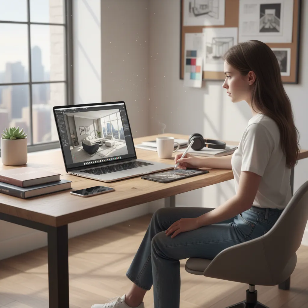 Designer using laptop and tablet to create interior design drawing of a modern living room