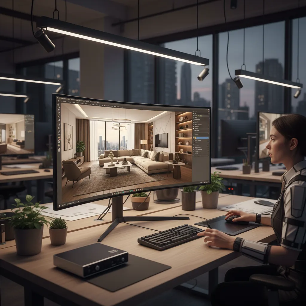 Interior designer working on a living room design using a large computer screen in studio
