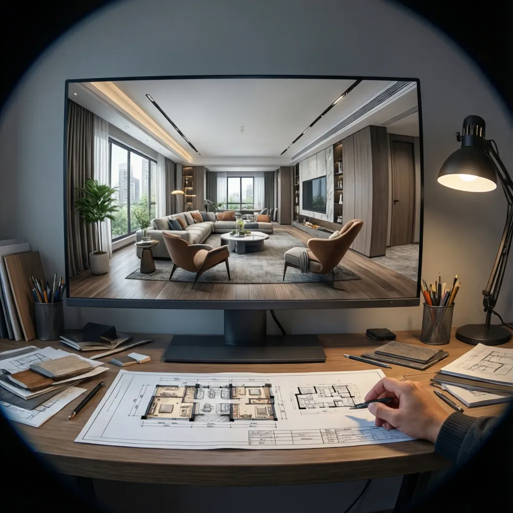 Diseñador de interiores trabajando con modelo 3D de una vivienda