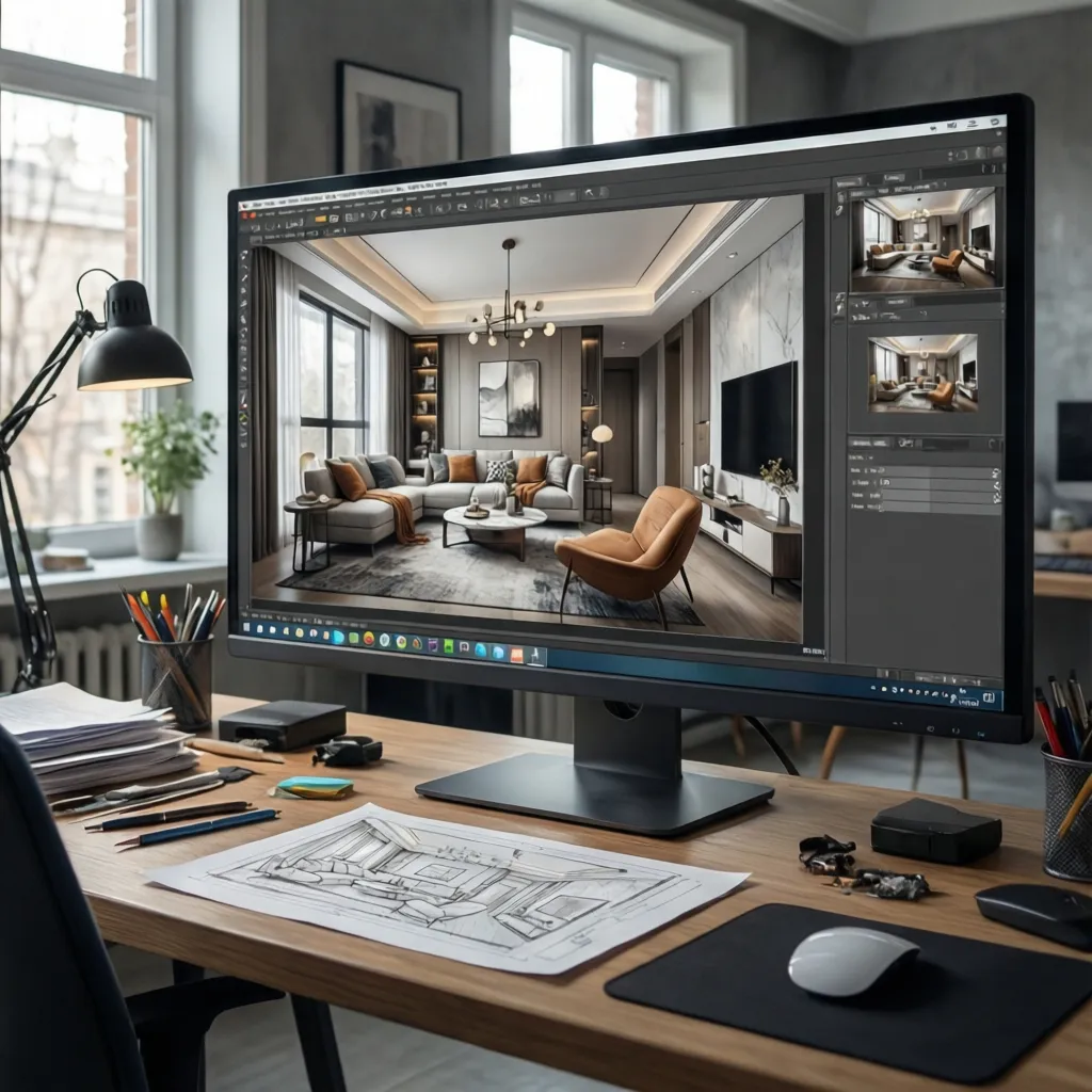 Diseñador creando modelo 3D de un interior en ordenador