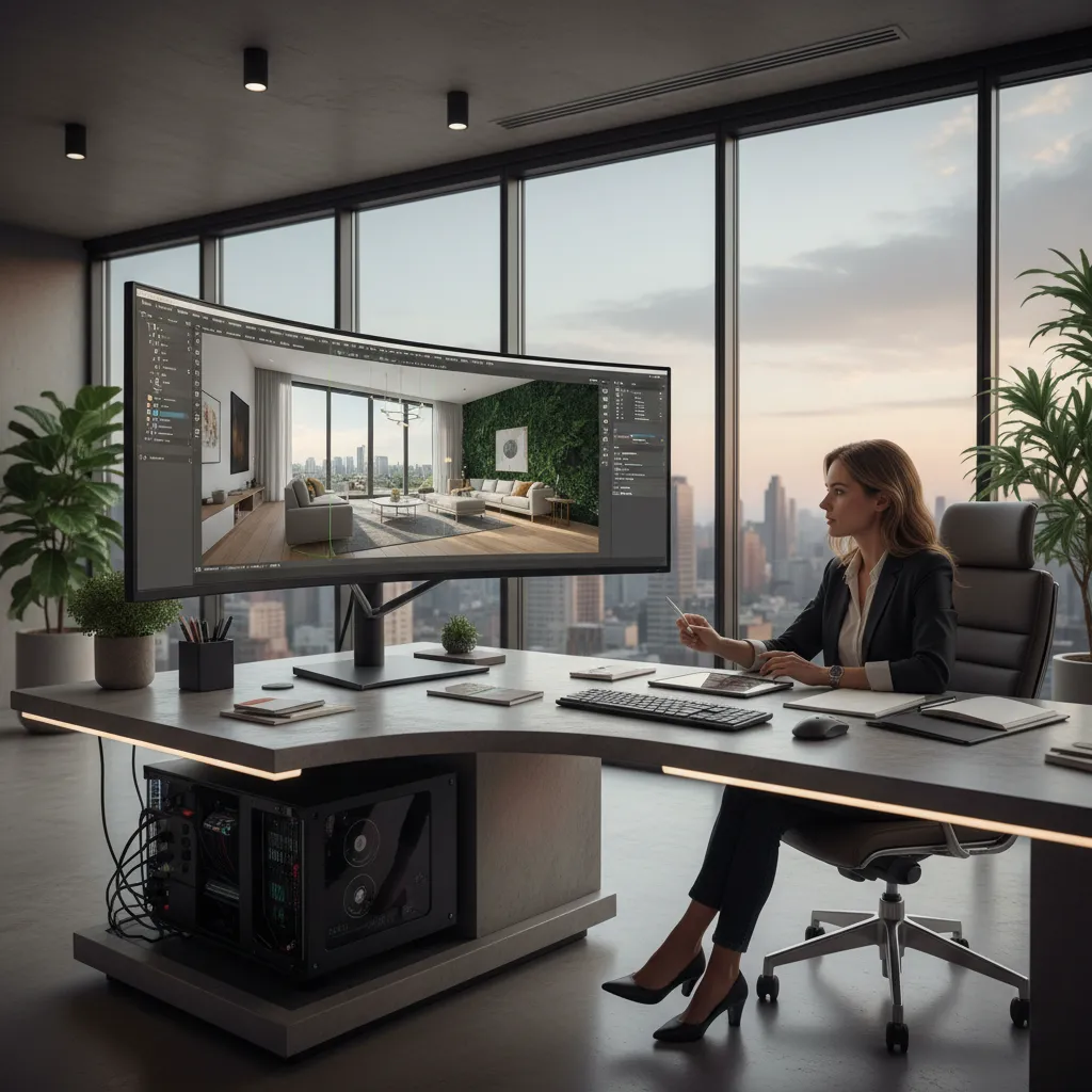 Diseñador trabajando en un modelo 3D de interiorismo en ordenador