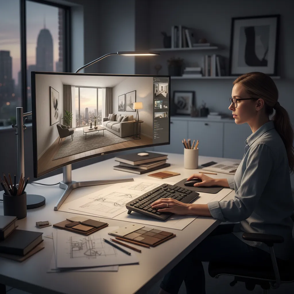 Woman using computer to create a professional interior design drawing with floor plan on desk