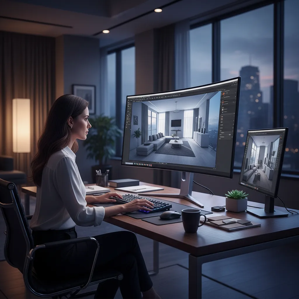 Diseñador creando un modelo 3D de un apartamento en ordenador