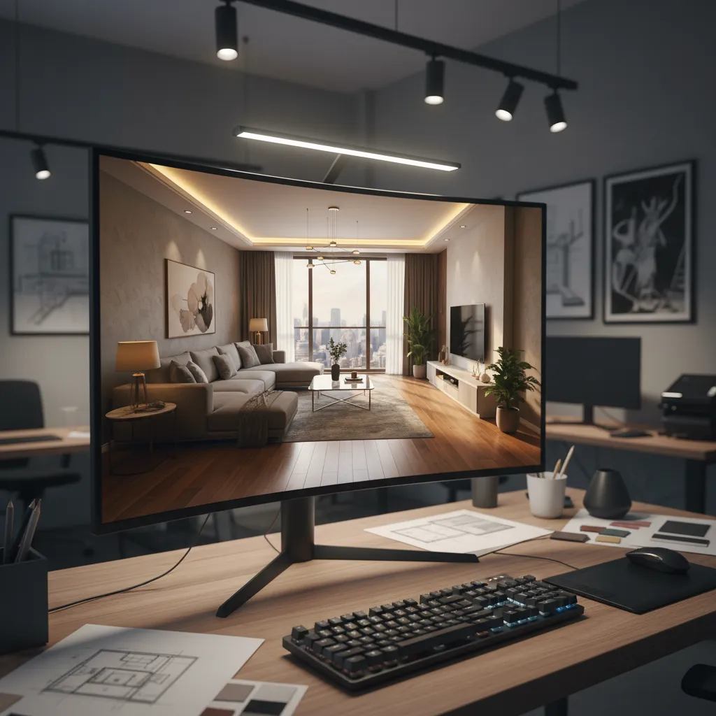 Computer monitor showing interior design drawing of living room on desk with keyboard and mouse