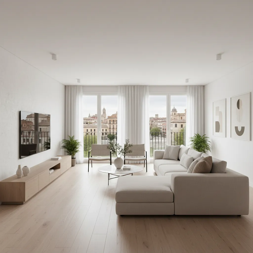 Bright living room with beige sofa wooden cabinet marble coffee table and city view windows