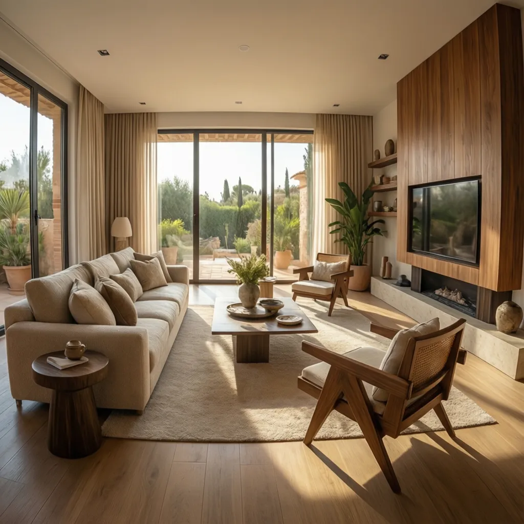 Warm living room with sofa wooden chairs TV on wall panel and garden view windows