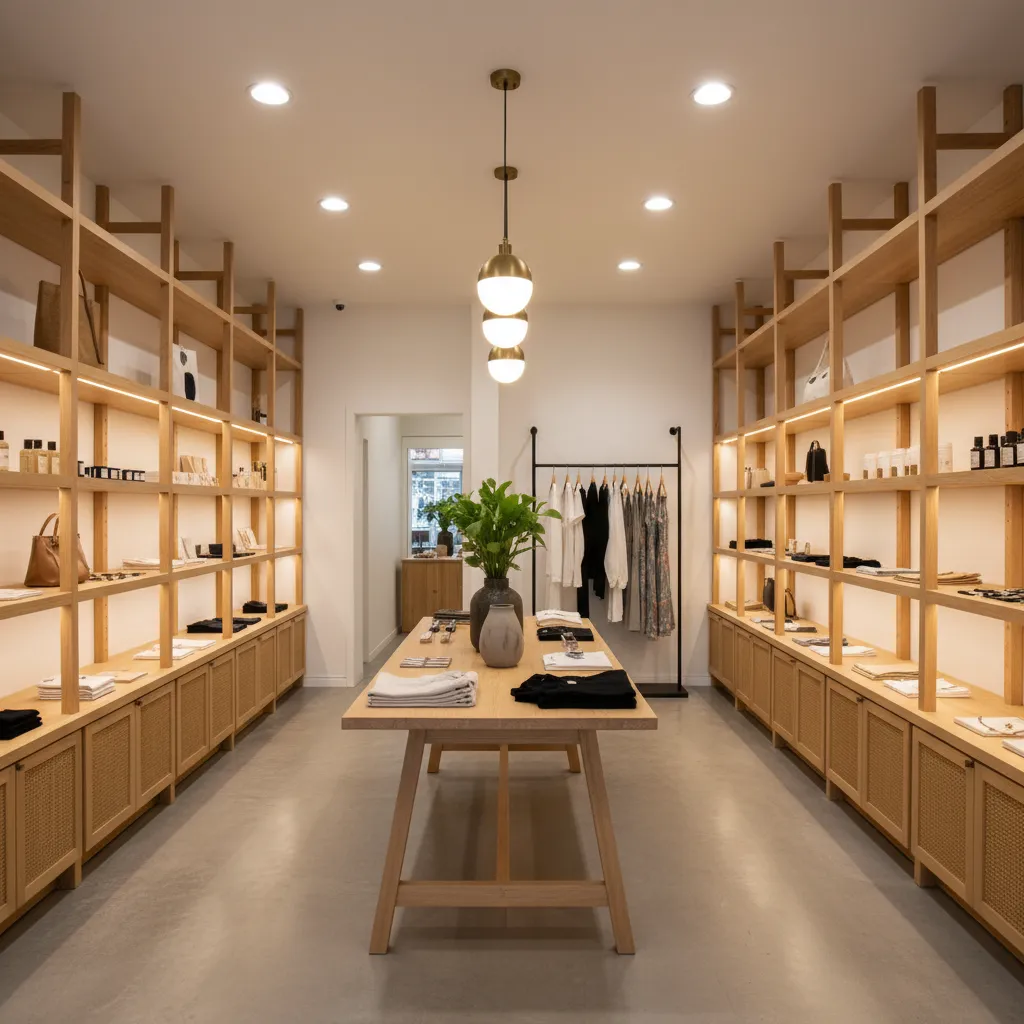 Bright clothing store with light wood shelves display table hanging lights and clean white walls