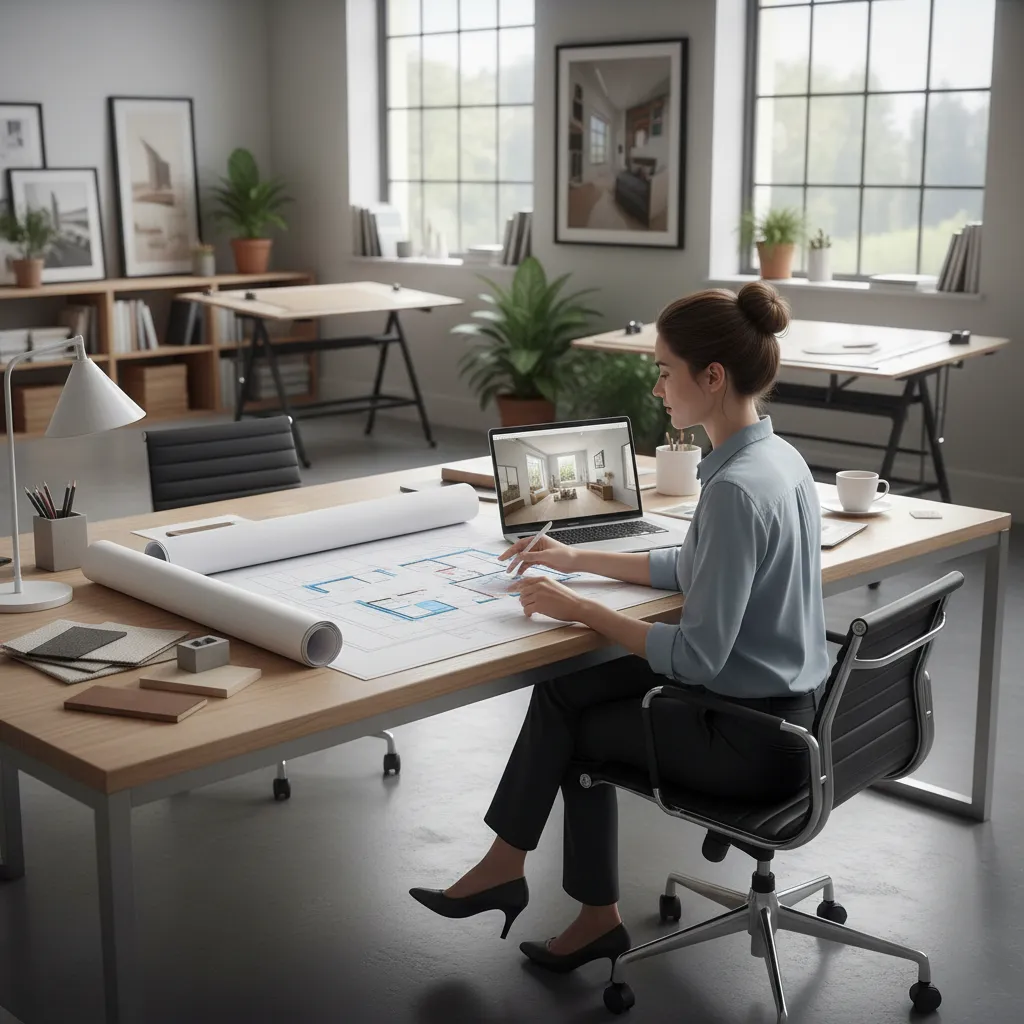 Professional woman sitting at a desk reviewing an interior design drawing next to a laptop