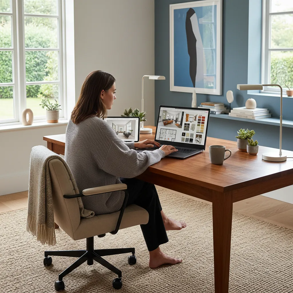 Designer working at wooden desk using laptop to create room layout and interior design plan