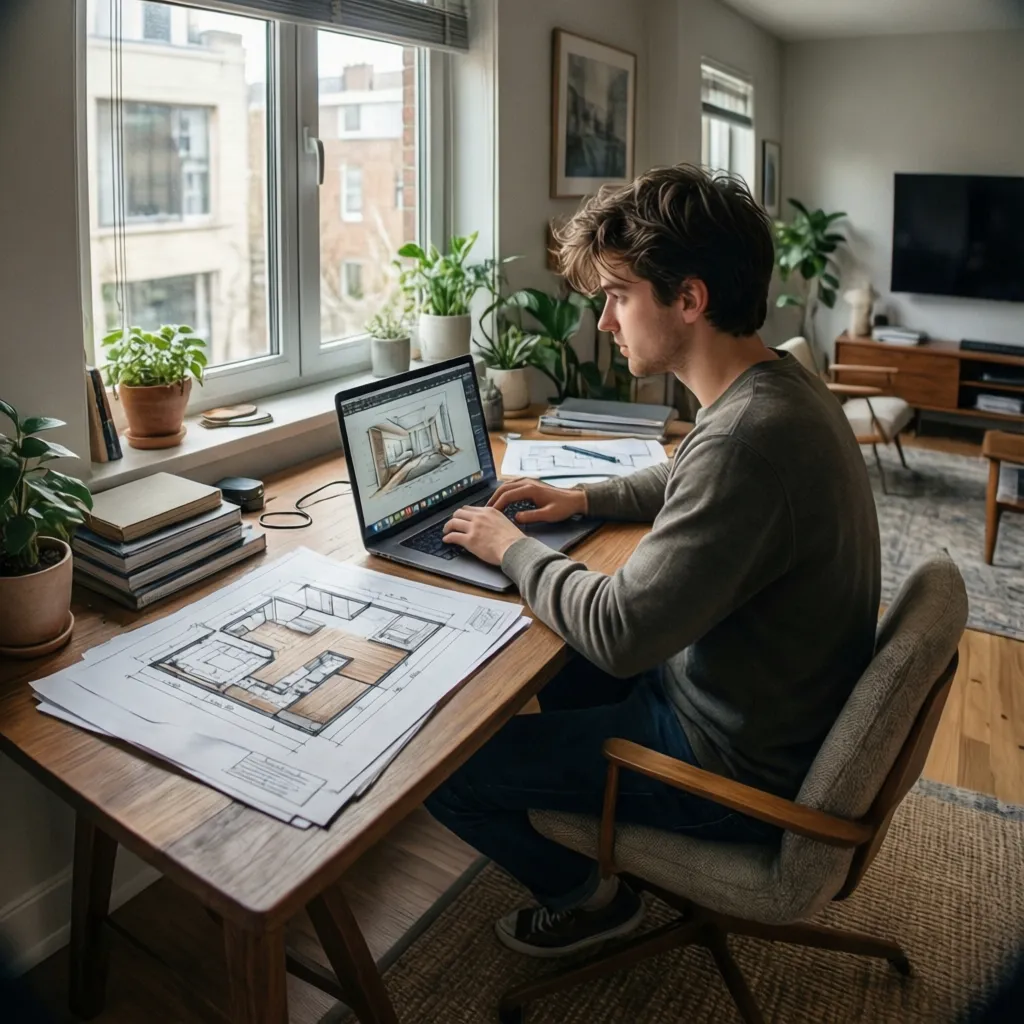 Young man using a laptop to create an interior design drawing at a wooden desk