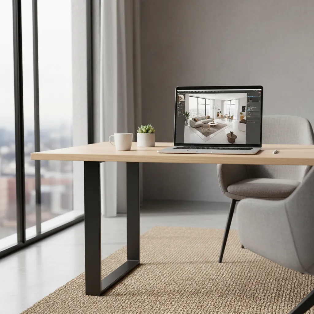 Laptop on desk showing interior design drawing of living room next to window and cup