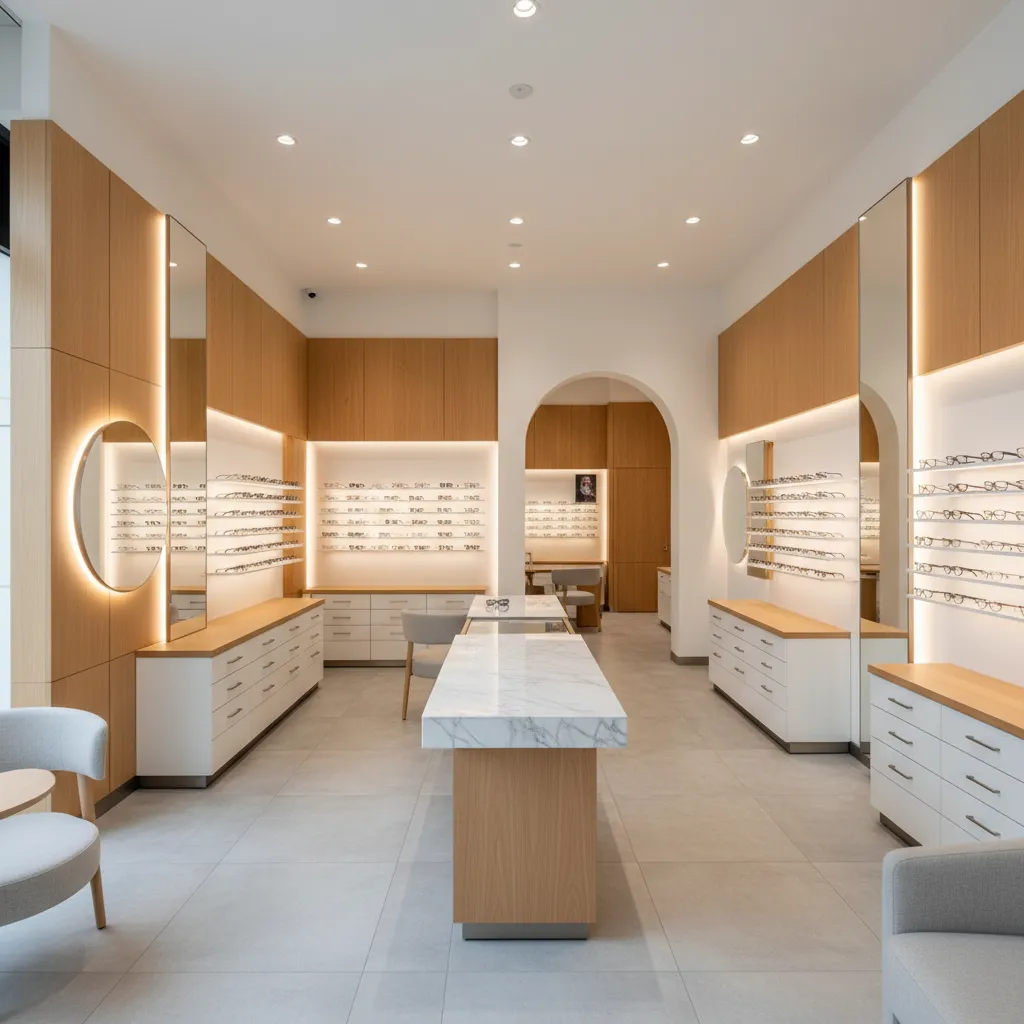Modern optical shop interior with light wood wall panels white cabinets and marble center table