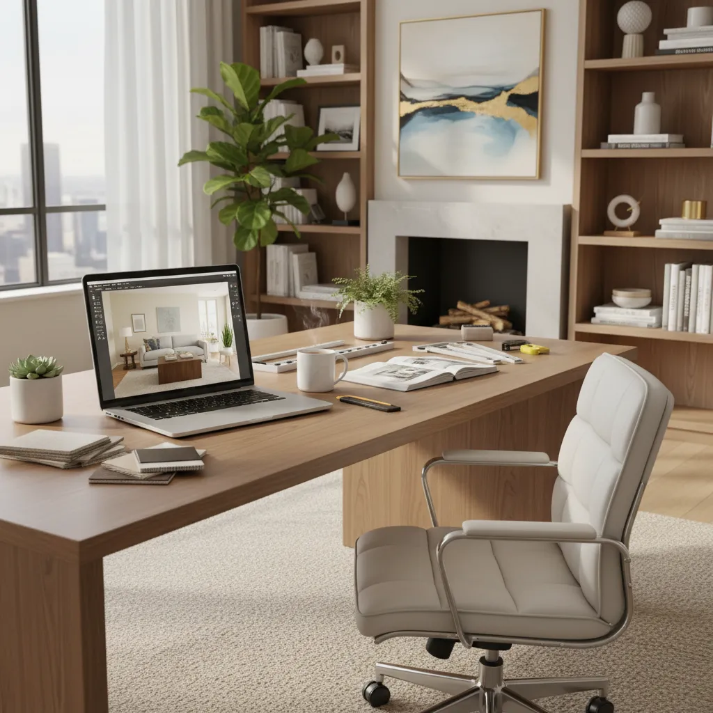 Home office wooden desk with laptop showing an interior design drawing, white chair, and bookshelves.