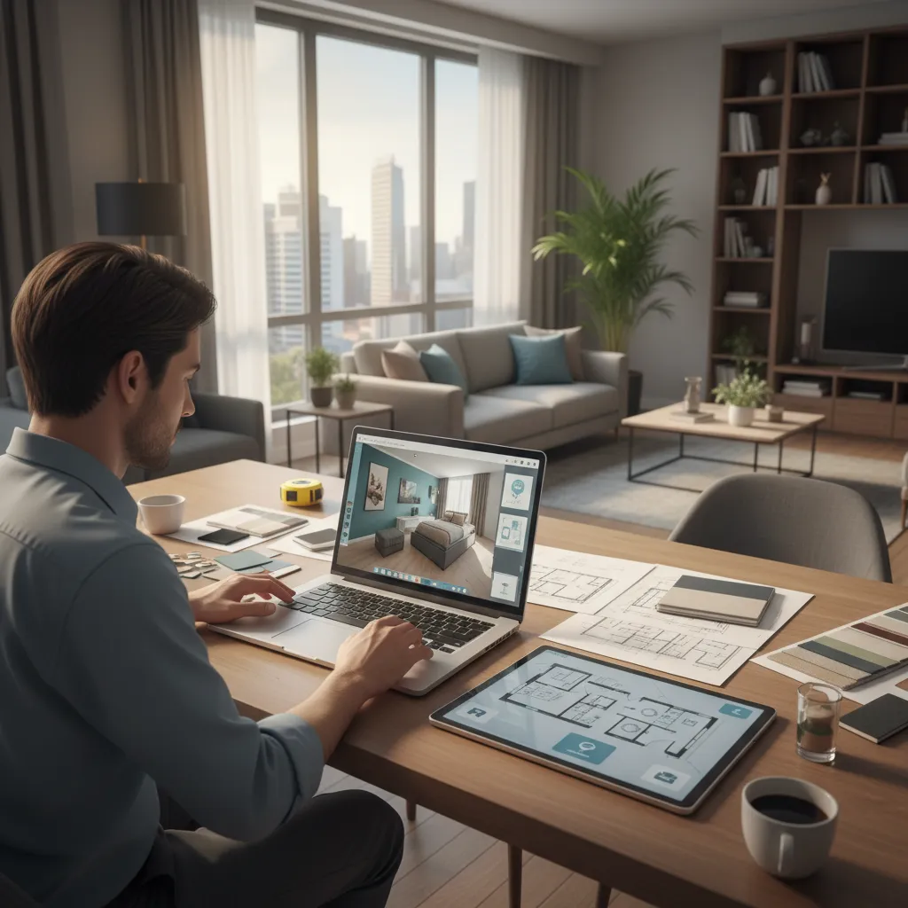 Persona planificando el diseño de su casa con plano digital y portátil