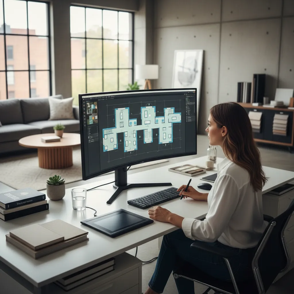 Diseñador de interiores trabajando con software de planificación de casa en ordenador