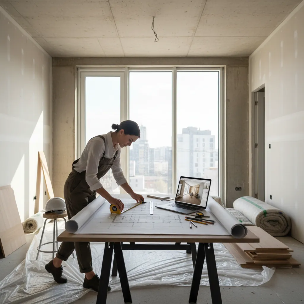 Woman measuring a paper room layout on table with laptop in a house under renovation