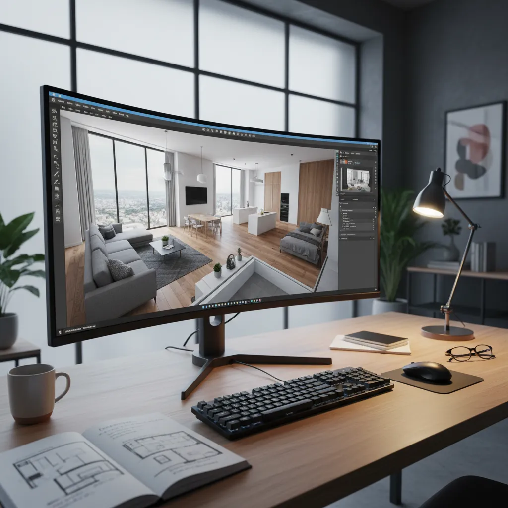 Pantalla con plano 3D de un apartamento siendo diseñado digitalmente